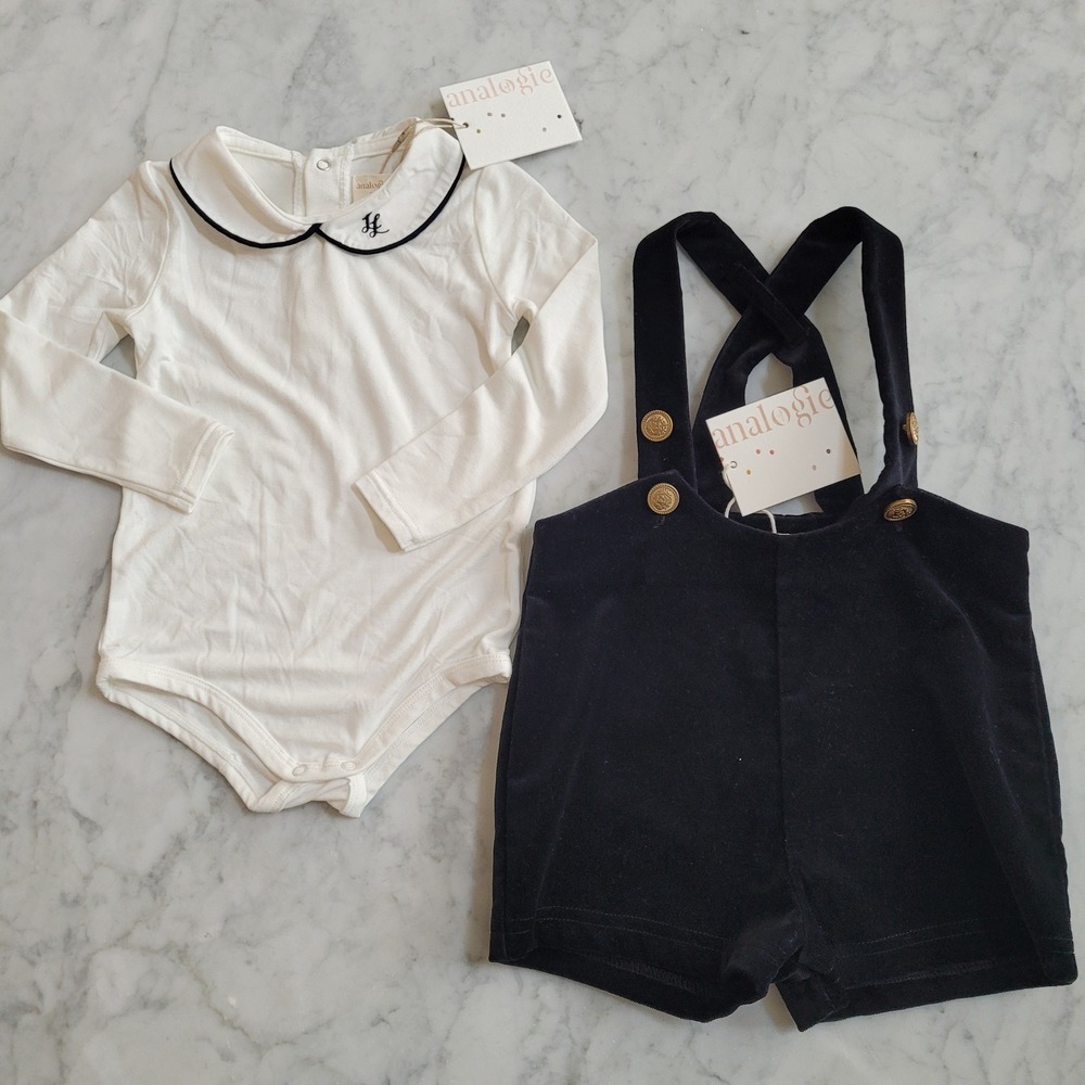 Analogie Kids Velvet Suspender Shorts & Peter Pan Bodysuit Set Black White 24M